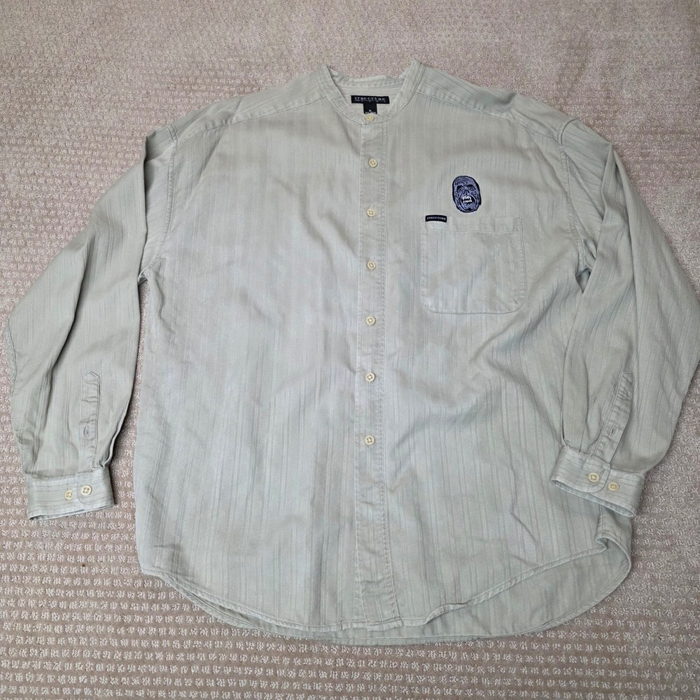 Structure XL Textured Banded Collar Button Up Shirt Green Monster Patch Khaki